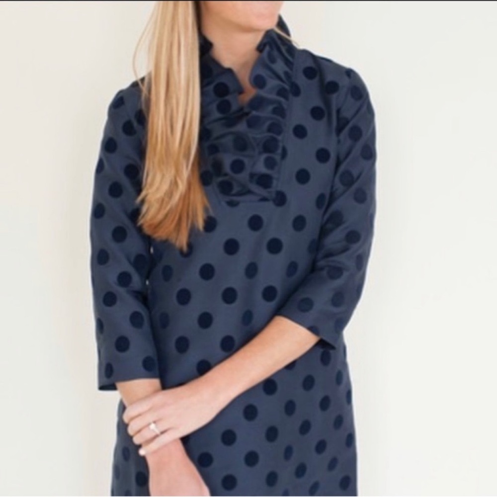Devon Baer Silk Flocked Velvet Polka Dot Dress Ruffle Navy Tuckernuck Preppy